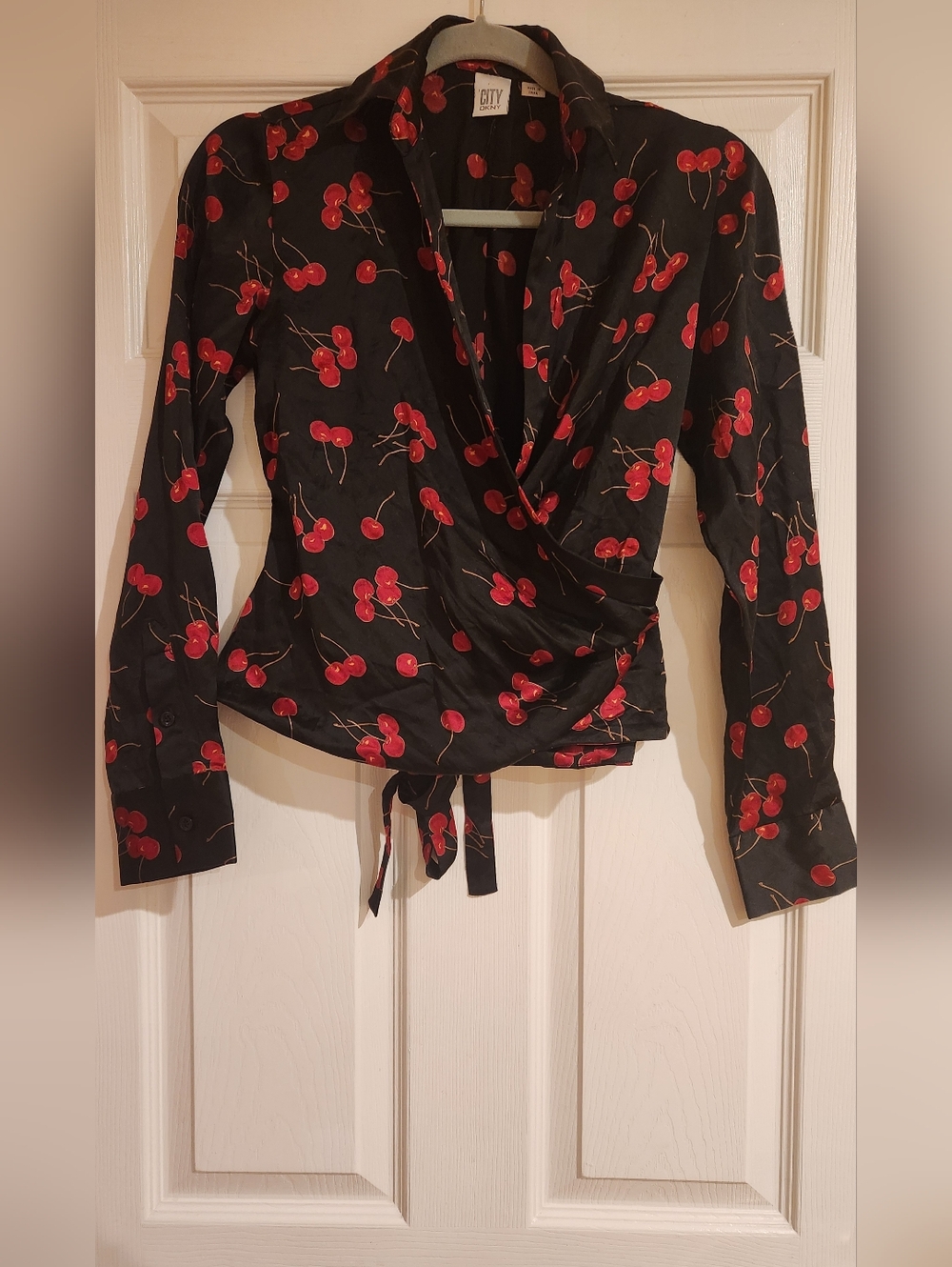 Silk, Cherry Print Long Sleeve Wrap Blouse. Size 4.